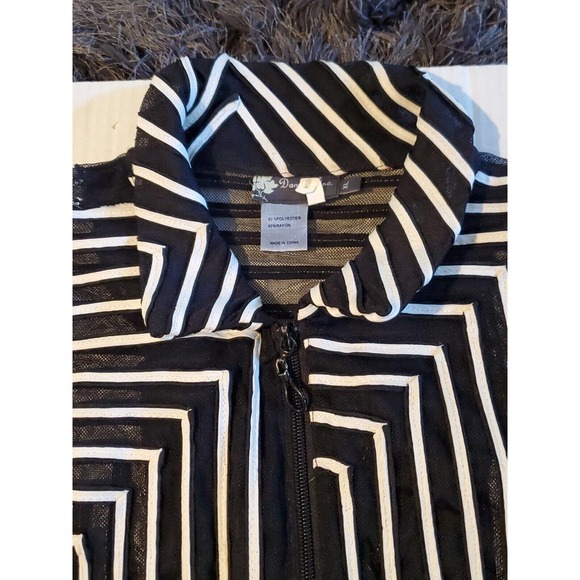 Damee Inc XL Sheer Retro Mesh Black White Geometric Striped Zip Up Jacket Shirt - Picture 2 of 9